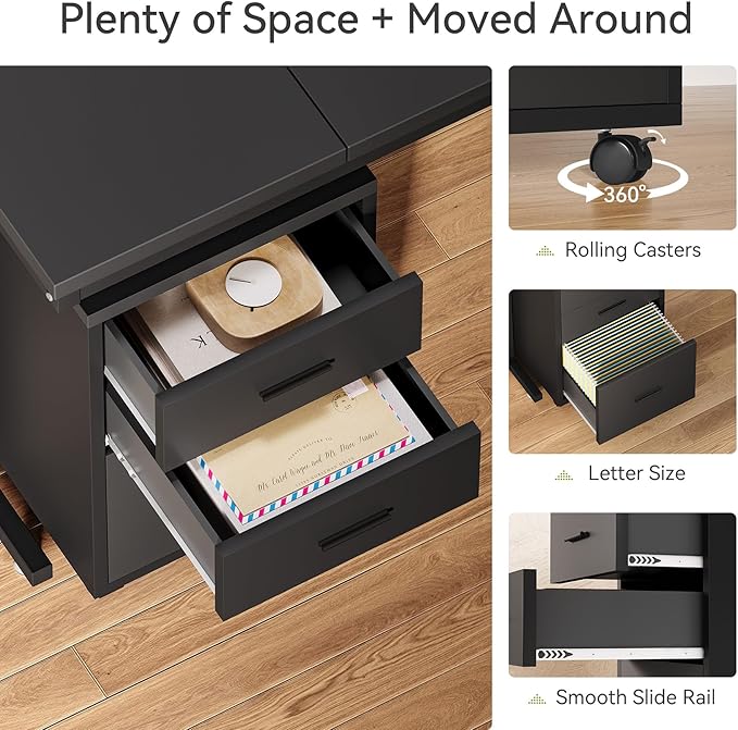 LITTLE TREE 82.67" Long Executive Desk Large L-Shaped Computer Office Desk with 3-Drawer Mobile File Cabinet, Industrial Business Furniture Desk Workstation for Home Office, Black