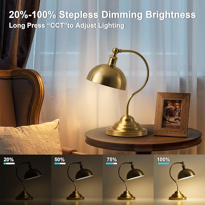 Cordless LED Table Lamp Set of Two, Swing Arm Desk Lamp, Rechargeable, Dimmable/3 Color/Memory Function, Modern Rechargeable Table Light for Living Room,Bedroom,Bedside, Brass