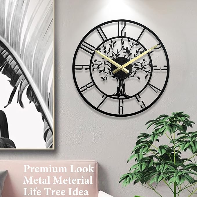 Large Tree of Life Wall Clock, Metal Large Modern Wall Clocks for Living Room, 18 in Oversized Battery Operated Silent Clock for Office,Living Room,Kitchen Decor