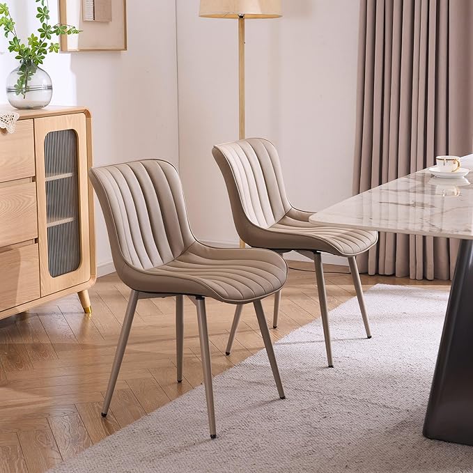 YOUNUOKE Mid-Century Modern Dining Chairs Set of 2, Khaki PU Leather Upholstered Kitchen Chairs with Khaki Metal Legs, Armless Accent Chair for Dining Room, Guest Reception Room