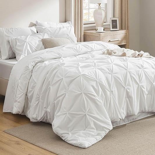 Bedsure California King Comforter Set White - Bed in a Bag Cal King Bedding Set 7 Pieces, GentleSoft™ Pintuck Bed Set Gift for Family, Pinch Pleat White Comforter with Sheets, Pillowcases & Shams
