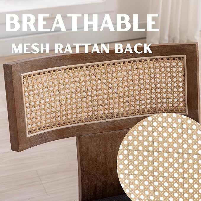 Rattan Dining Chairs Set of 6, Modern Fabric Upholstered Kitchen Chairs, Wooden Dining Room Chair Farmhouse Dinner Chair, Charcoal