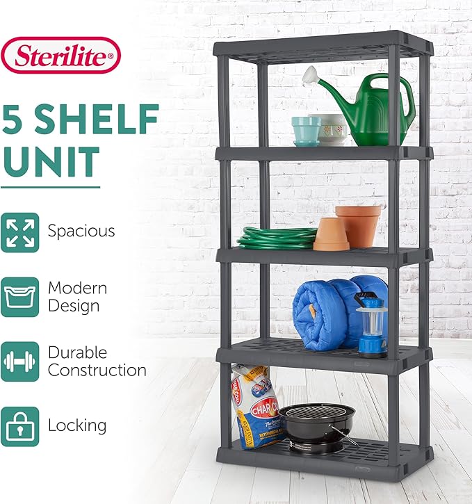 Sterilite 5 Shelf Unit, Heavy-Duty Shelving Storage Rack for Home and Garage, Gray - Multipurpose Plastic Organizer Shelves for Smart Organization