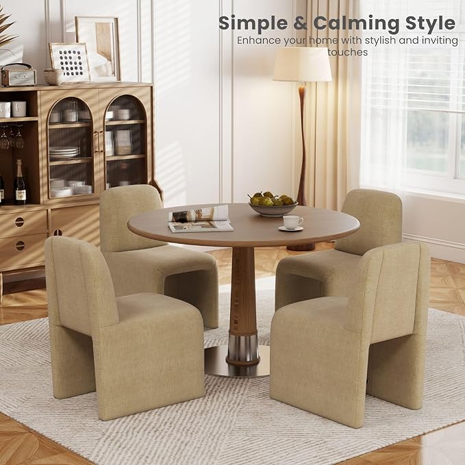 Khaki Upholstered Chenille Dining Chairs Set of 2, Mid Century Modern Dining Room Chairs with Deep Seat & Curved Back, Armless Side Chair Comfy Kitchen Chairs for Living Room/Kitchen