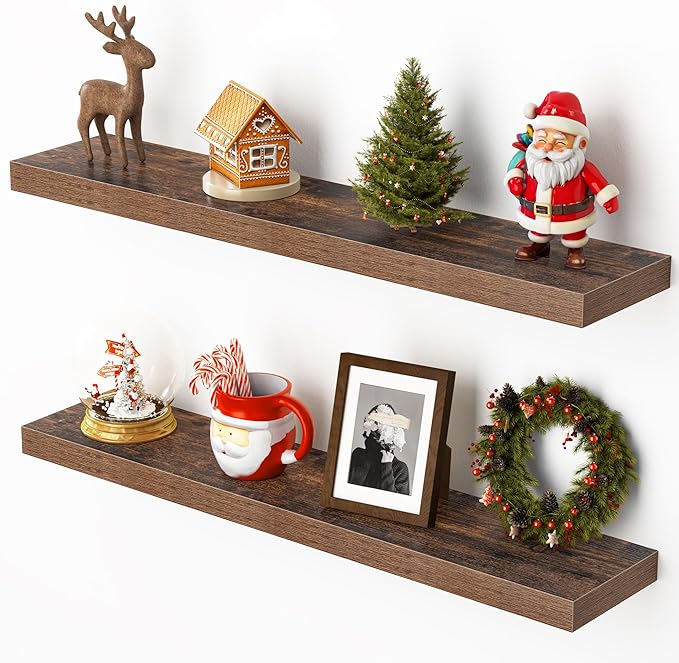 Heimlove Floating Shelves for Wall 32 Inch,Mounted Storage Wood Shelves with Invisible Brackets Hanging Shelf for Bedroom Living Room Kitchen Office,Set of 2,Rustic Brown