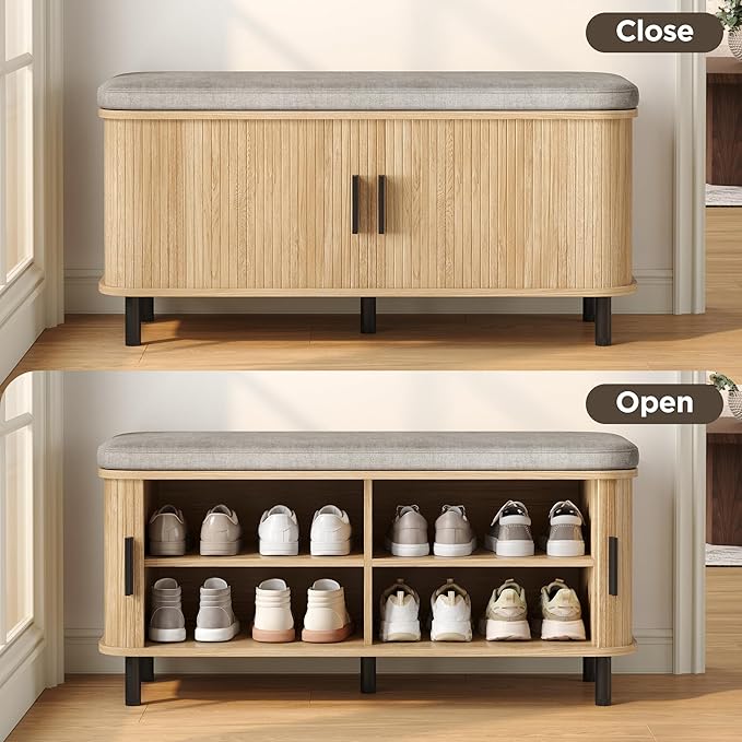 Maupvit 2 Tier Shoe Storage Bench with Smooth Fluted Sliding Doors, 39.4" Wide Entryway Bench with Storage, Thickened Padded Seat Cushion, Hidden Shoe Organizer Cabinet for Living Room, Oak