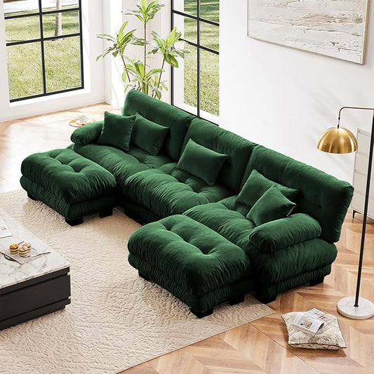 133.8" Oversized Couch, 3 Seater Modular Sectional Sofa, Green Large U Shaped Sectional Couches for Living Room, Fluffy Chenille Fabric Cloud Couch with 2 Ottomans, Deep Seat Sofas