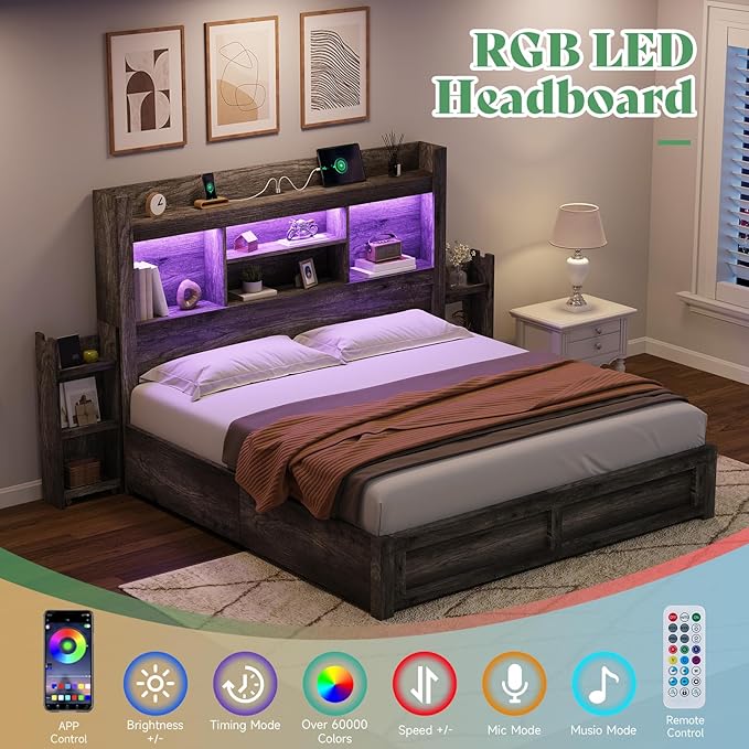 AMERLIFE Queen Bed Frame with 4 Storage Drawers, LED Bed Frame with 49“ Tall Bookcase Headboard, Wood Platform Bed with Charging Station & 2 Slide Bedside Shelf, No Box Spring Needed/Rustic Grey