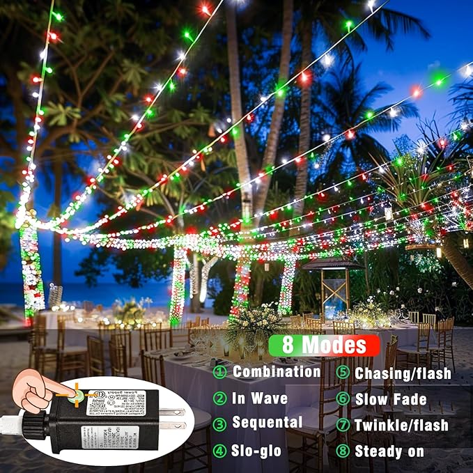200 LED Christmas Lights Outdoor Indoor 66FT String Lights Indoor Clear Wire 8 Modes Plug in Twinkle Fairy Lights for Bedroom Christmas Tree Party Decorations, Red White&Green