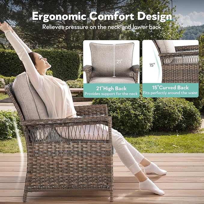 Wicker Outdoor Chairs Set - 3 Pieces Hollow Widen Armrests Patio Furniture Set with Side Table, Comfortable High Back Rattan Chairs for Balcony Porch Deck and Yard - Brown/Beige