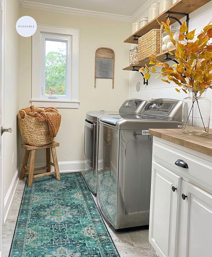 Moynesa Ultra-Thin Washable Runner Rug - 2x7 Teal Hallway Rug Runner Kitchen Carpet Runner, Non Skid Non Shedding Low Pile Bathroom Mat for Apartment Entryway Foyer Vanity RV