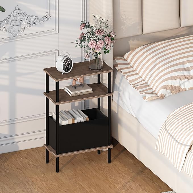 Narrow Side Table with Fabric Basket, End Table for Small Spaces, Slim Nightstand with 3-Tier Storage Shelf, Sofa Beside Table, for Living Room, Bed Room, Natrual Walnut