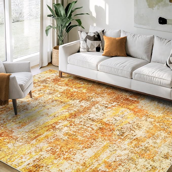 Washable Area Rugs for Living Room - 6x9 Abstract Modern Rug Neutral Soft Rug Stain Resistant Non-Shedding No Slip Low Pile Large Carpet for Bedroom Dining Room Nursery Home Office - Orange/Gold