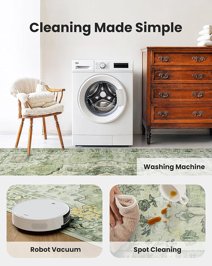 AMADA HOMEFURNISHING 8x10 Area Rug, Washable Low-Profile Large Area Rug with Non-Slip Backing & Durable Edge Binding, Vintage Large Rugs for Living Room, Bedroom