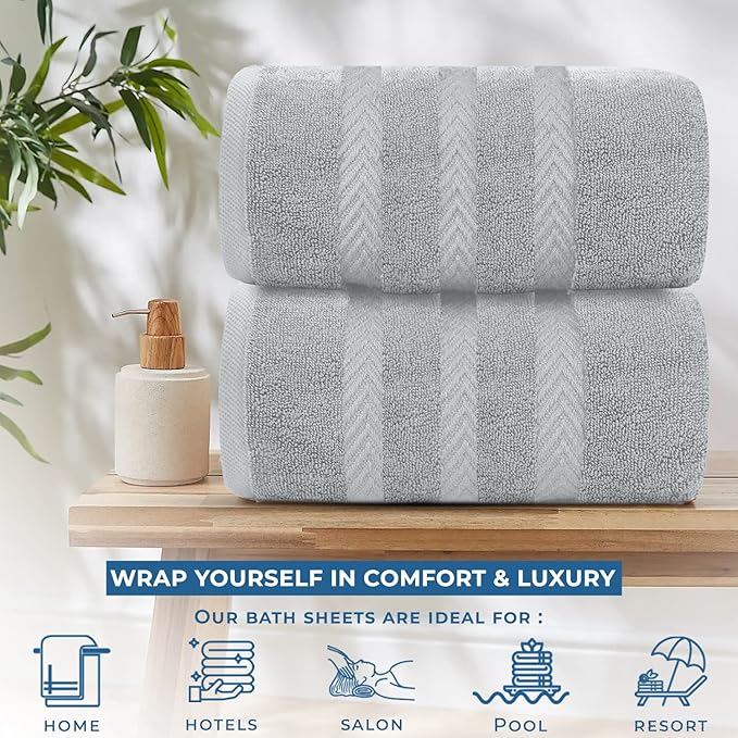 DAN RIVER 2 Pack Luxury Bath Sheets 35x70, 600 GSM, Soft & Quick Dry 100% Ring Spun Cotton Towels Ideal for Hotels, Spas, Gyms & Salons Extra Large, Silver