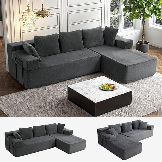 105" L-Shaped Modular Sectional Sofa with L-Shaped Boneless Couch, Cloud Couches for Living Room with Removable Arms, Convert Left/Right Facing, Plush Corduroy, No Assembly, Grey