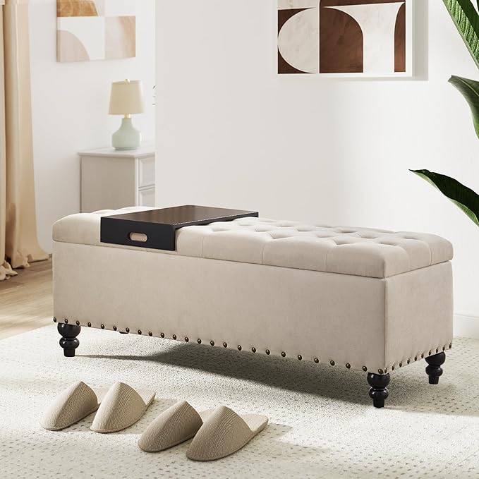 HUIMO 51-inch Storage Ottoman Bench with Removable Tray, Bedroom Bench with Button-Tufted, Safety Hinge Ottoman in Upholstered Fabrics, Large Long Bench for Living Room, Bedroom (Beige)