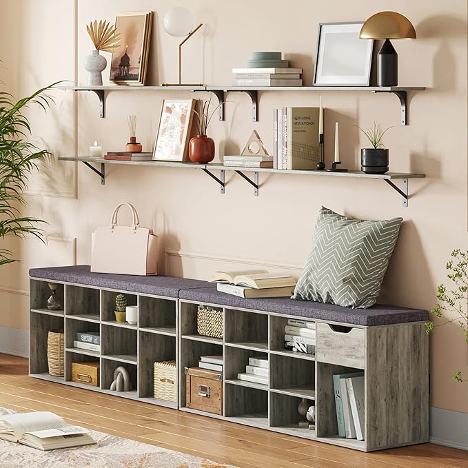 DINZI LVJ Long Wall Shelves, 39.4Inch Wall Mounted Shelves Set of 2, Easy-to-Install, Wall Storage Ledges with Sturdy Metal Brackets for Living Room, Bathroom, Bedroom, Kitchen, Grey Wash