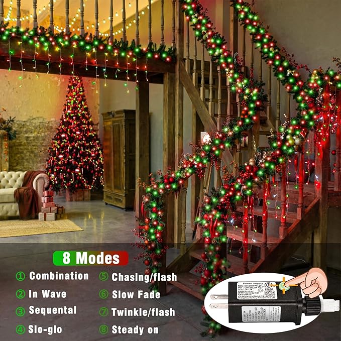 300 LED Christmas Lights Outdoor 100ft Extra Long Christmas String Lights 8 Modes Plug in Waterproof Fairy Lights with Timer Memory for Indoor Outside Bedroom Home Party Decoration, Red&Green