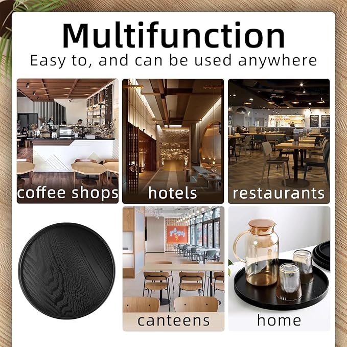 Round Solid Wood Serving Tray 30CM Black,Decorative Wooden Serving Plate for Tea Coffee Snack Food Meals,Ottoman Breakfast Tray with Raised Edge,for Home,Kitchen,Bathroom,Party,Restaurant Decor(11.8")