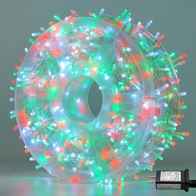 QITONG Red White Green Christmas Light Outdoor Waterproof, 165ft 500 LED String Lights with 8 Modes, Clear Wire Christmas Tree Light Indoor Plug-in