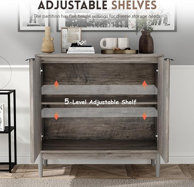 Fluted Cabinet with Storage, Small Buffet Cabinet Sideborad with Door, Kitchen Buffet Storage Accent Cabinets with Adjustable Shelves for Living Room, Entry, Hallway, Gray