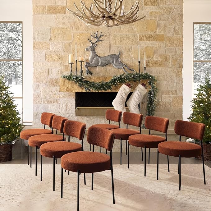 Brown Boucle Dining Chairs Set of 8, Upholstered Dinner Chair with Metal Frame, Dining Room Chairs with Padded Seat, Round Modern Seating for Living Room