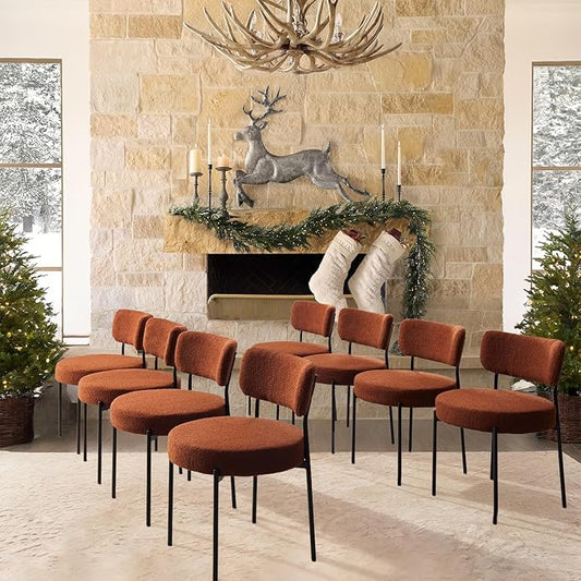 Brown Boucle Dining Chairs Set of 8, Upholstered Dinner Chair with Metal Frame, Dining Room Chairs with Padded Seat, Round Modern Seating for Living Room