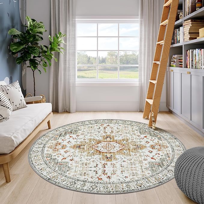 Moynesa Ultra-Thin Washable Round Rug - 6ft Large Living Room Circle Area Rugs, Vintage Dining Room Mat Stain Resistant Nursery Carpet for Bedroom Mudroom Kitchen Apartment Home Office
