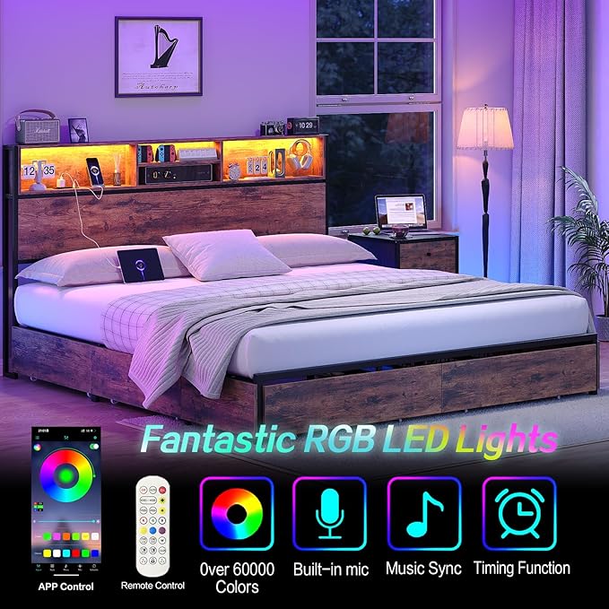 King Size Bed Frame with LED Headboard & Charging Ports, Rustic Wood Platform King Bed Frame with 6 Storage Drawers and Display Shelf, Heavy-Duty Metal Frame, No Box Spring Needed, Brown