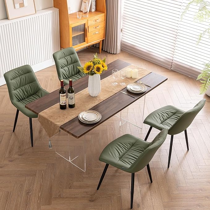 Kidol & Shellder Dining Chairs Set of 2, Modern Upholstered Faux Leather Kitchen Side Chairs with Comfortable Back - Mid-Century Armless Chair for Dining Living Room Bedrooms, with Metal Legs (Green)