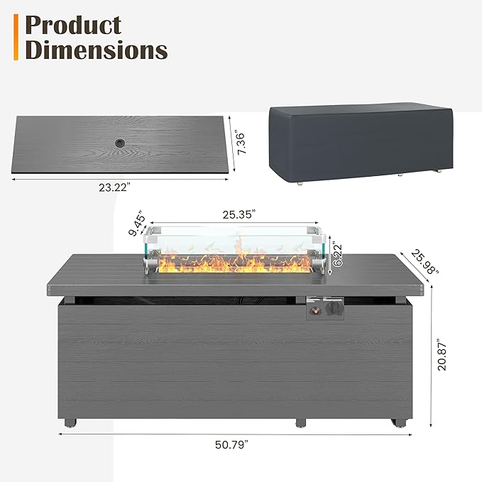 Metal Patio Furniture Set with 51inch Grey Fire Pit Table, 6-Piece Modern Outdoor Conversation Set with 6-Inch Thick Cushions, Outdoor Furniture Set for Garden, Backyard, Balcony, Poolside (Warm Grey)