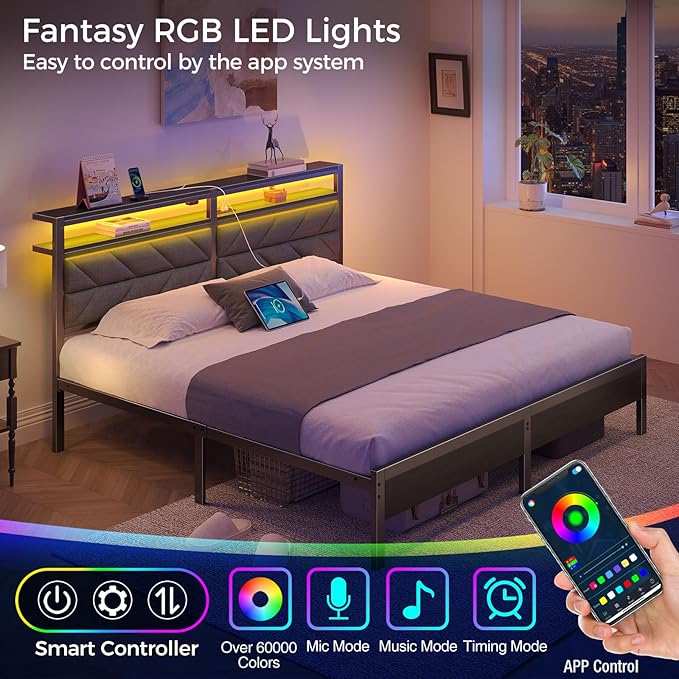 Seventable Bed Frame King Size with Charging Station, LED Bed with Upholstered Storage Headboard, Metal Platform Bed with Under Bed Storage, No Box Spring Needed, Noise Free, Easy Assembly, Grey