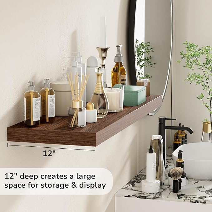 Fun Memories Floating Shelves - 2 Pack 12 Inch Deep Rustic Wooden Wall Shelves - Extra Deeper & Thicker Wall Mounted Storage Shelf for Living Room, Kitchen, Farmhouse - 36" W x 12" D x 1.5" H - Walnut