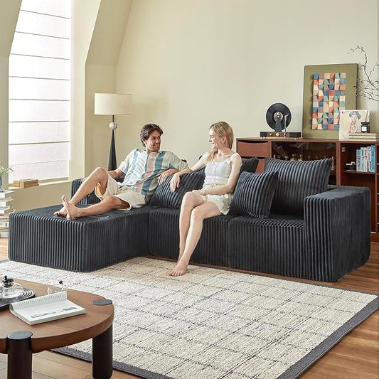 Boneless Couch for Living Room-102 Cloud Couch with Deep Seat,L-Shaped Comfy Sofa for Bedroom,Compressed Sofa in a Box,No Assembly Required(Corduroy,Grey)