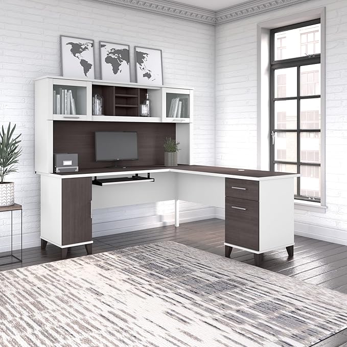 Bush Furniture Somerset L Shaped Desk with Hutch in White & Storm Gray | Corner Computer Table with Drawers, Cabinets and Pullout Keyboard/Laptop Tray for Home Office
