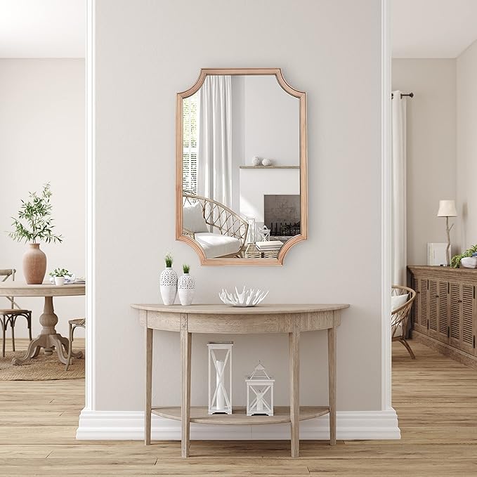 WallBeyond 24" x 36" Full Scalloped Corners Arch Rectangle Wall Mirror with Wood Frame for Entryway, Living Room or Bedroom Home Decor - Light Woodgrain [24" x 36" Natrual]