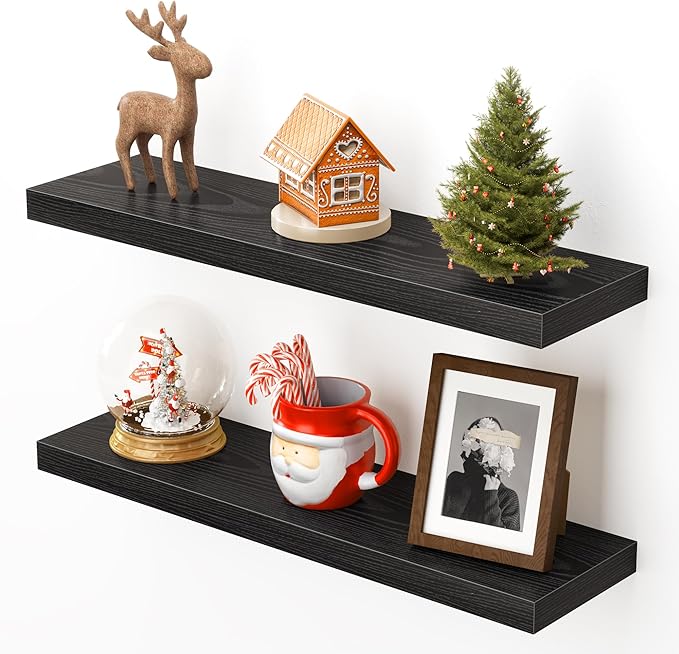 Heimlove 24 Inch Floating Shelves for Wall,Mounted Storage Wood Shelves with Invisible Brackets Hanging Shelf for Bedroom,Living Room,Kitchen,Office,Set of 2,Black