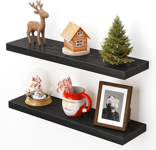 Heimlove 24 Inch Floating Shelves for Wall,Mounted Storage Wood Shelves with Invisible Brackets Hanging Shelf for Bedroom,Living Room,Kitchen,Office,Set of 2,Black