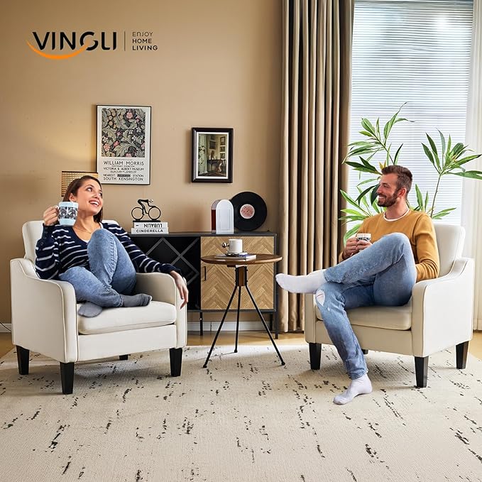 VINGLI Beige Accent Chairs for Living Room, Line Comfy Upholstered Chair Mid Century Modern Armchair for Bedroom, Home Office, Small Spaces, Apartment