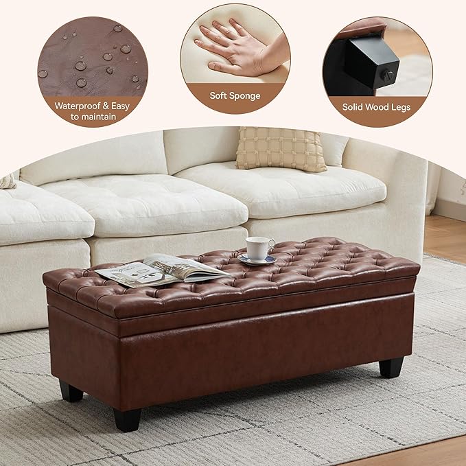 50" Faux Leather Storage Ottoman Bench, Upholstered Rectangle End of Bed Storage Ottoman Tufted Living Room Bedroom Bench with Safety Hinge, Solid Wood Legs, Loads 500 lb(Brown)