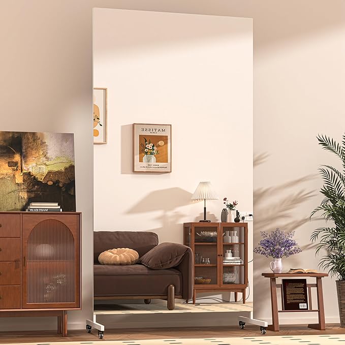 Hasipu Home Gym Mirror 360° Swivel on Wheels, 74.8" x 35.4" Extra Large Full Body Rolling Mirror for Yoga Studio, Bedroom, Dancing Studio, White