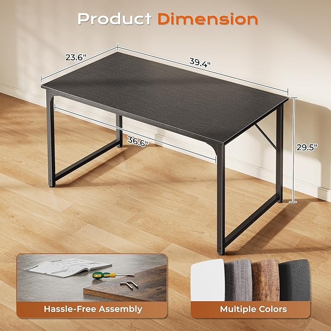 PRAISUN 40 X 24 Inch Computer Desk with Deeper Desktop, Gaming Office Writing Work Desk for Home Office, Study, Bedroom, Work from Home Desk, Metal Frame, Black