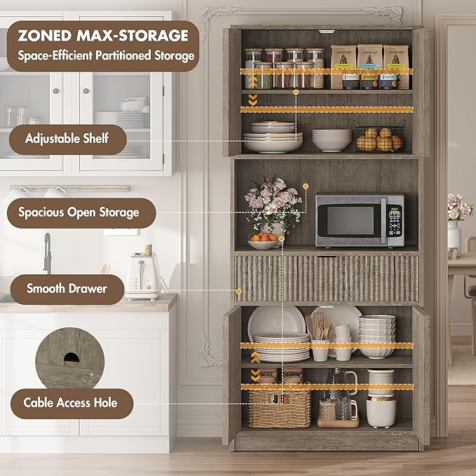 IDEALHOUSE Tall Storage Cabinet, 70" Kitchen Pantry Cabinet with Doors, Fluted Kitchen Hutch Cupboard with Microwave Shelf & Drawer, Freestanding Cupboard for Dining Room, Living Room, Gray
