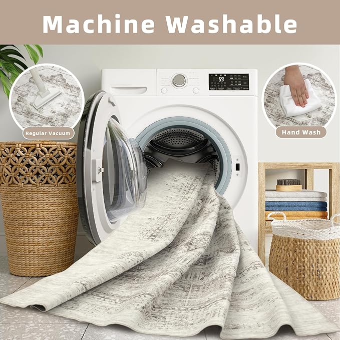 Machine Washable Rugs 8x10 Area Rugs for Living Room,Bedroom,Dining Room- Ultra Soft Low Pile Retro Rugs for Home Office,Non Slip Vintage Distressed Accent Carpet- Yellow