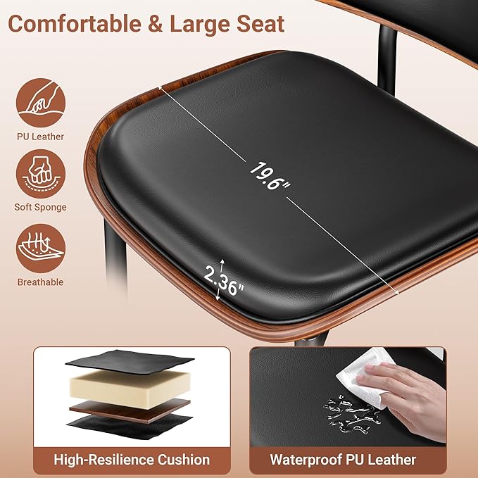 Dining Chairs Set of 4, Dining Room and Kitchen Chairs, Mid Century Modern Retro Chair, Upholstered PU Leather Chairs for Vanity with Walnut Bentwood and Metal Legs (Black)