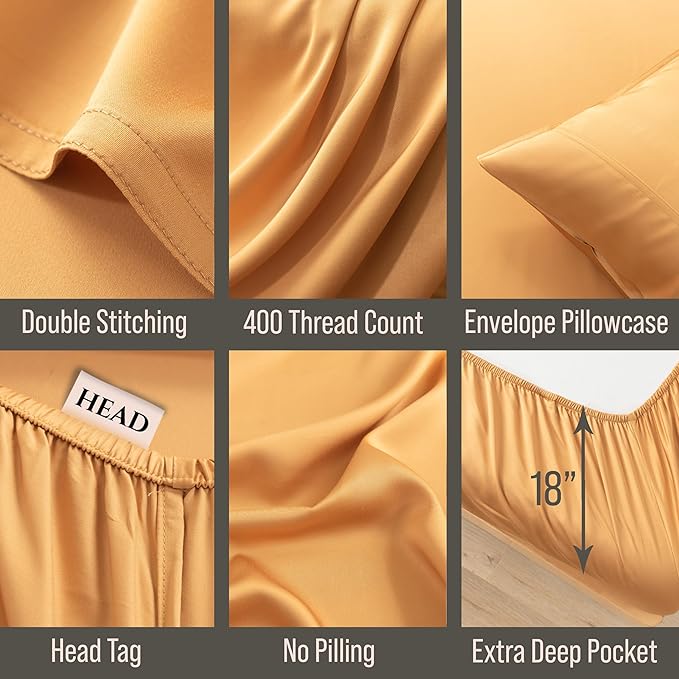 Bella Coterie Luxury Bamboo Viscose Split King Size Sheet Set | 2 Fitted Sheets for Sleep Number & Adjustable Beds | 100% Organically Grown | Cooling & Ultra Soft | 18” Deep Pocket [Marigold]