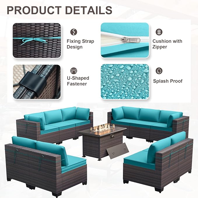 Kurapika 11 Pieces Patio Furniture Set, Rattan Wicker Outdoor Conversation Sets w/43in Propane Fire Pit Table and 4 Inch Cushion(Blue)