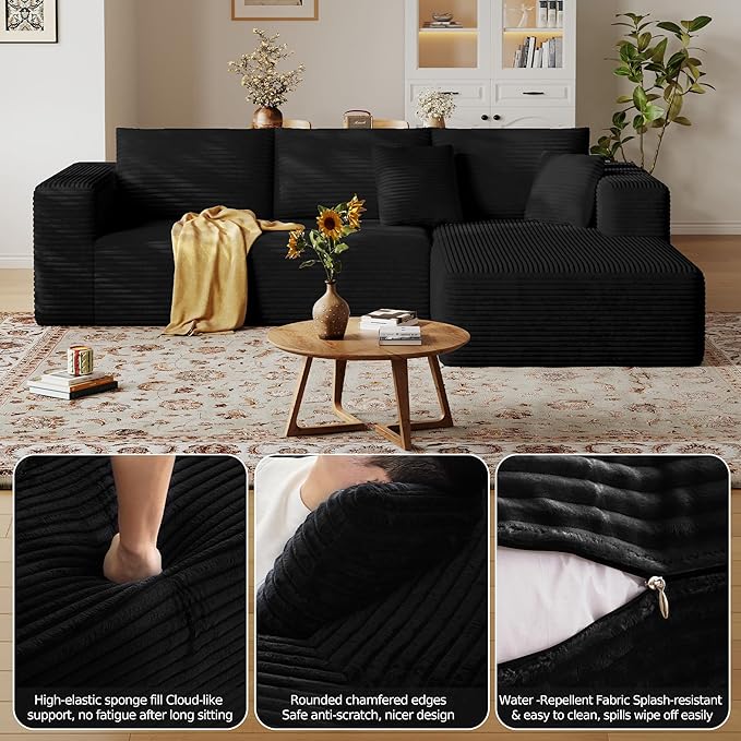 108'' Modular Sectional L-Shaped with Chair,Deep Seat Boneless Corner Couch for Living Room,Plush Corduroy Couch with Detachable Sofa Set,No Assembly(Right Facing Chaise，Black)