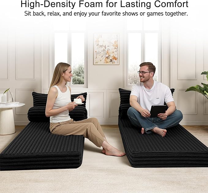 MeMoreCool Convertible Sofa Bed, Folding Floor Couch Bed Queen, Pull Out Sleeper Couch with Pillows, Fold Out Futon Sofa for Bedroom Living Room Small Space, Corduroy Black